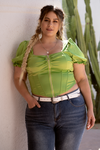 LOLA Neon Green Zip Front Puff Sleeve Top