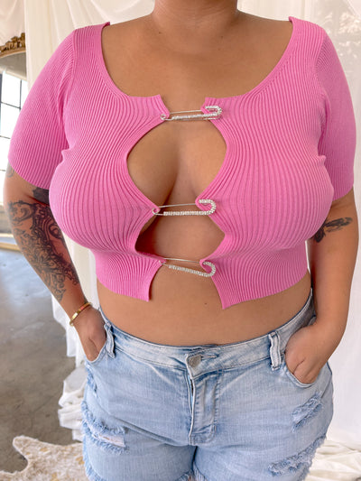 DIAMOND Pink Soft Ribbed Crop Top with Safety Pin Closure