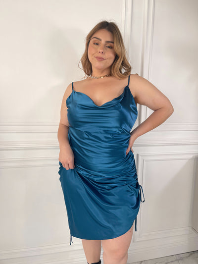 AFTER PARTY Blue Satin Ruched Dress