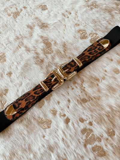CELINE Black Leopard Double Gold Buckle Belt