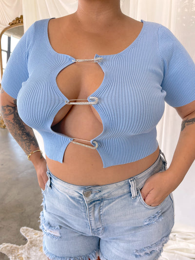 DIAMOND Baby Blue Soft Ribbed Crop Top with Safety Pin Closure