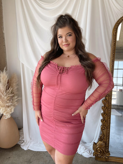 BRIELLE Pink Mesh Off Shoulder Dress