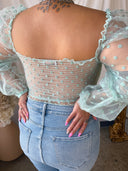 LANA Mint Polka Dot Puff Sleeve Top