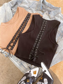 NOVA Tan Ribbed Lace Up Top