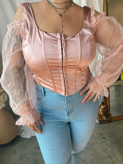 VICTORIA Pink Satin Cold Shoulder Corset Top - Wilde Thing