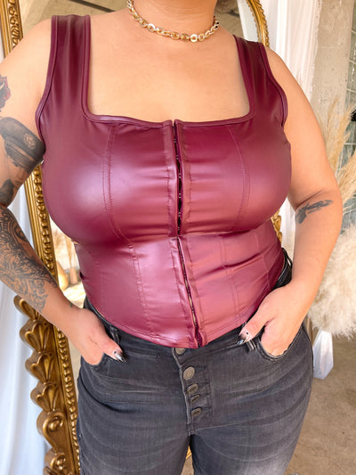 BREE Burgundy Faux Leather Corset Top